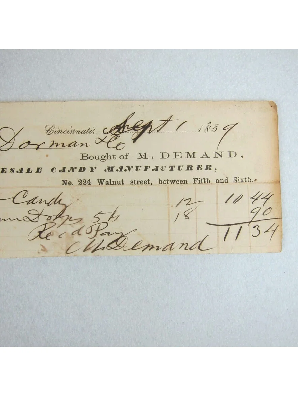 Antique 1859 M. Demand Wholesale Candy Manufacturer Cincinnati Receipt Invoice